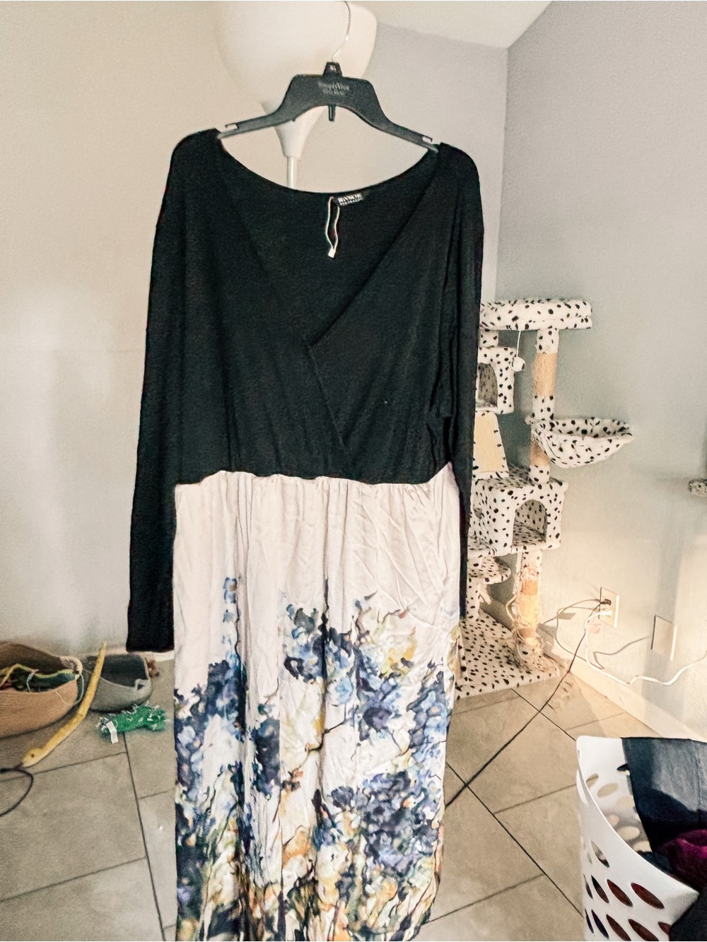 Long Sleeve Black & White Water Color Floral Maxi Dress